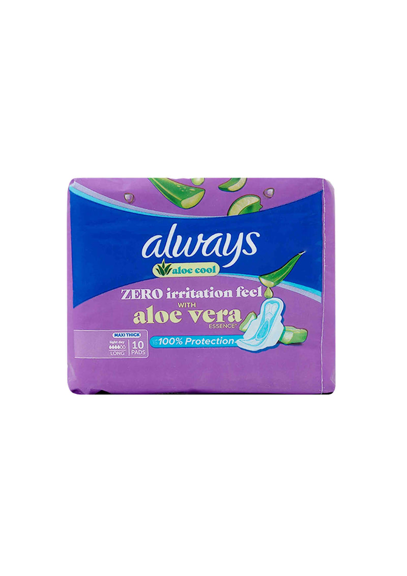 Always Aloe Cool Disposable Pads With Aloe Vera Essence For Light Days, For Zero Irritation Feel, Long Maxi Thick Pads With Wings, 10 Count