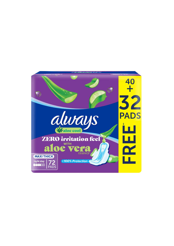 Always Aloe Cool Disposable Pads With Aloe Vera Essence For Light Days, For Zero Irritation Feel, Long Maxi Thick Pads With Wings, 72 Count