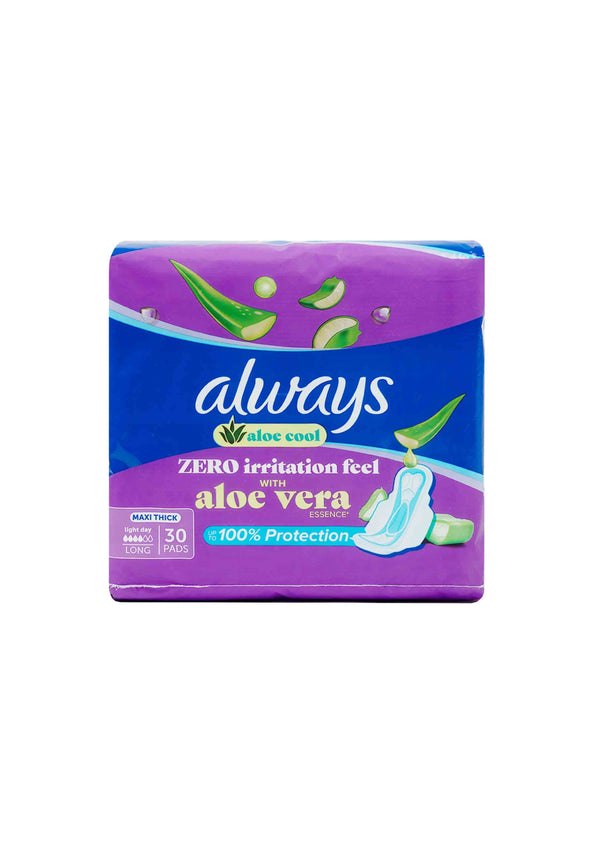 Always Aloe Cool Disposable Pads With Aloe Vera Essence For Light Days, For Zero Irritation Feel, Long Maxi Thick Pads With Wings, 30 Count