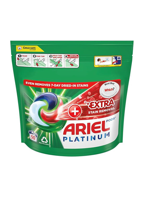 Ariel Platinum Washing Pods50 washes Extra Stain Removal On top