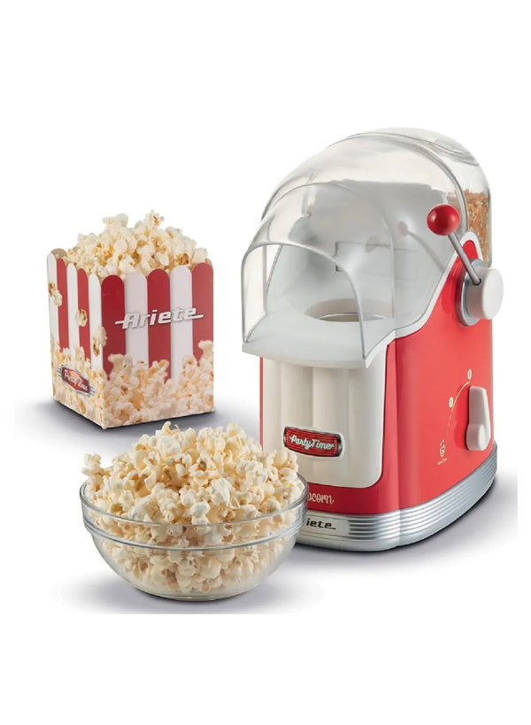 Ariete Vintage Electric Hot Air Pop Corn Maker with Dispensing Lever, 50g in 3min, Oil-Free Popcorn Popper Machine, 1100W, Perfect for Home, Movie Night and Snacks, 600g Corn Tank Red ART2958RD