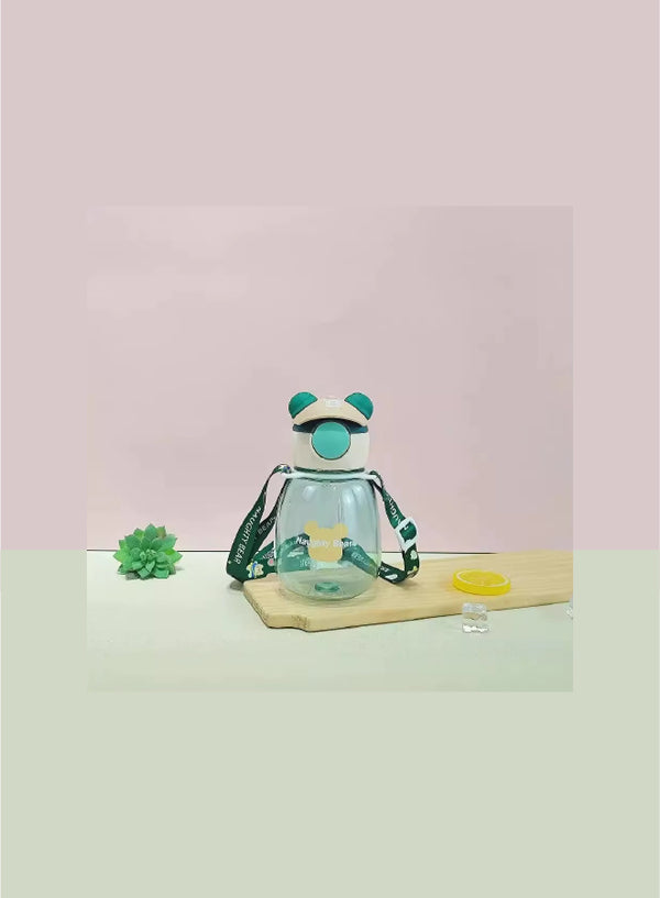 Bear Design Sipper Push Button Open Water Bottle with Shoulder Strap and Sticker 600 ml Water Bottle Green