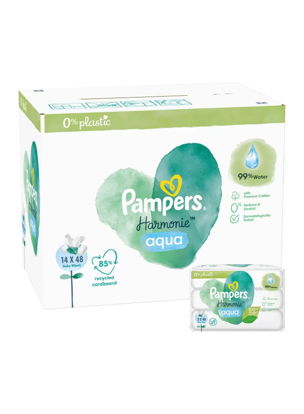 Pampers Harmonie Aqua Baby Wipes 14 x 48 672Baby Wipes, Gentle Skin Protection for Delicate Skin with 99% Water