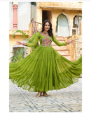 Parrot green colour faux georgette laheriya print navratri gown-full stitched free size