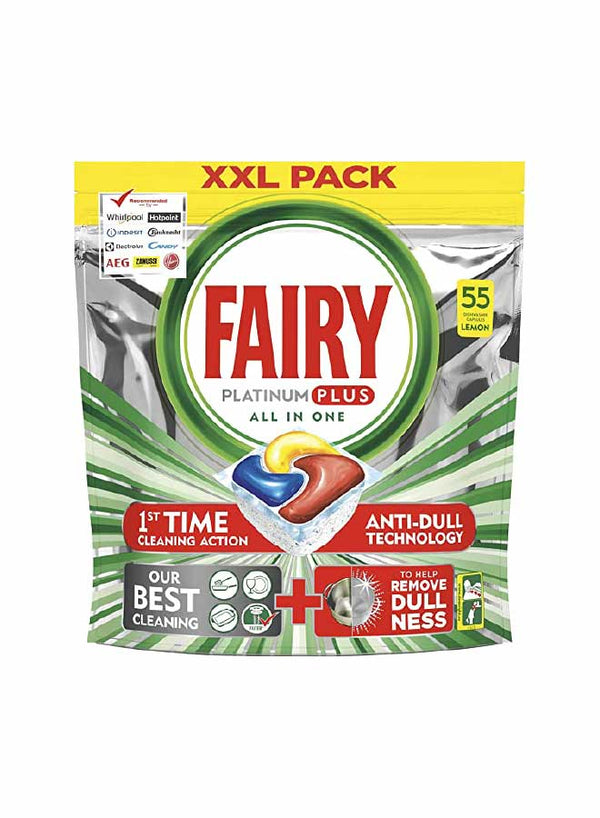 Fairy Platinum Plus All in One Detergent Capsules Dishwasher, 55 Tablets, Lemon, Original Shiness, Anti-Matte Technology