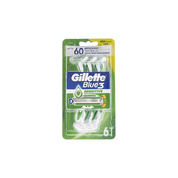 Gillette Blue 3 Sensitive Men Disposable Razors, 6 Count - Neocart General Trading LLC