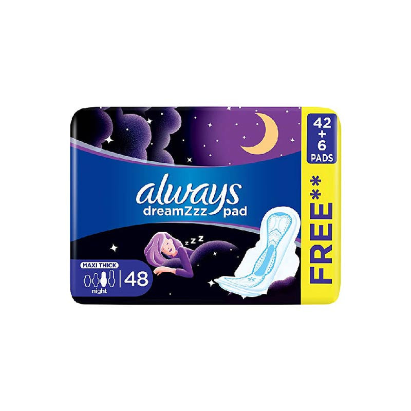 Always Dreamzz Pad Clean & Dry Maxi Thick, Night Long Sanitary Pads With Wings, 48Ct - Neocart General Trading LLC