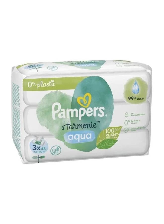 Pampers Harmonie Aqua Baby Wipes 3x 48 144 Baby Wipes, Gentle Skin Protection for Delicate Skin with 99% Water - Neocart General Trading LLC