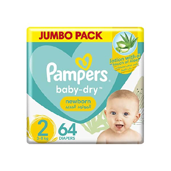 Pampers Baby-Dry Newborn Diapers with Aloe Vera Lotion, Wetness Indicator, and Leakage Protection, Size 2, 3-8 kg - Neocart General Trading LLC